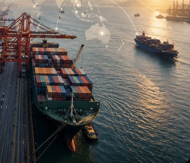 Cargo ship loaded with containers at a port terminal